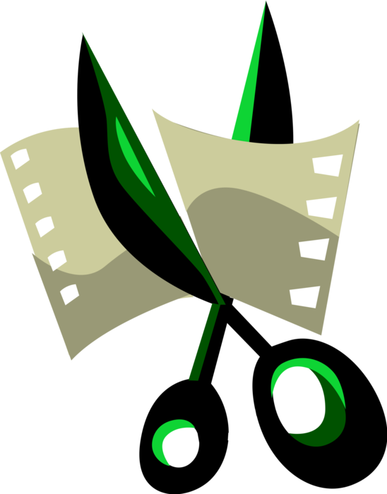 Vector Illustration of Film Editing with Scissors Cutting Filmstrip