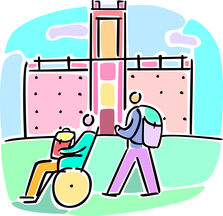 Vector Illustration of Handicapped or Disabled Student in Wheelchair Arrives for Class at School
