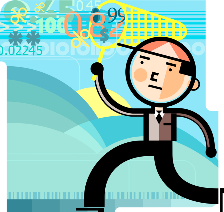 Vector Illustration of Man with Butterfly Net Captures Digital Data Information Technology