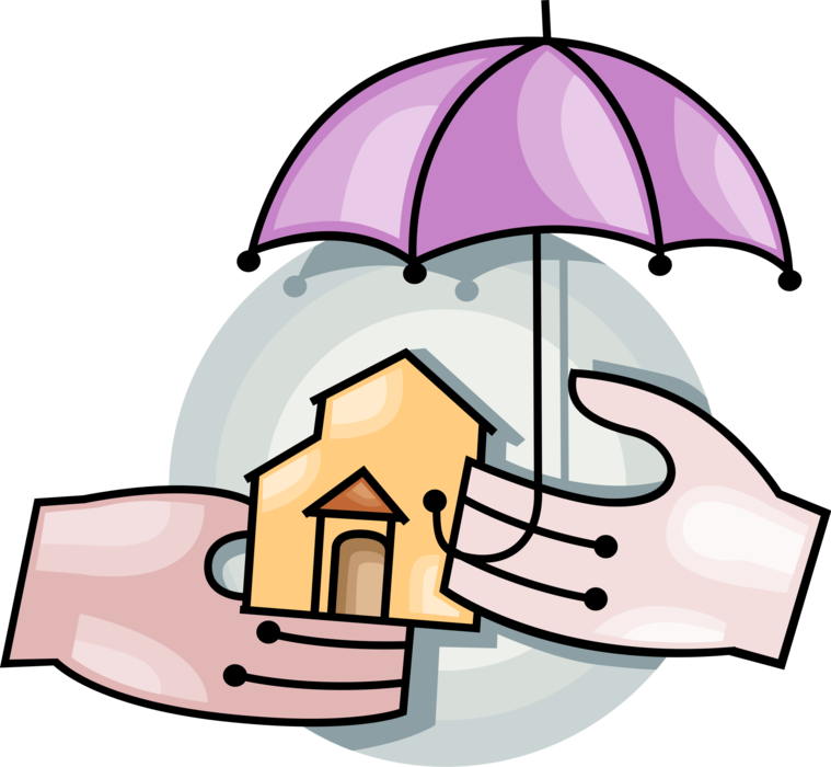 Vector Illustration of Homeowner Hands with Insurance Coverage Umbrella and Residence Home