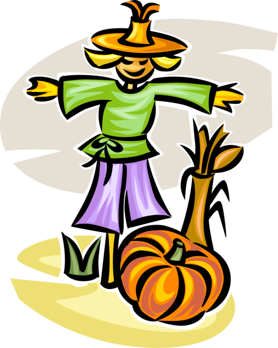 Vector Illustration of Scarecrow to Frighten Crows or Birds Away from Crops with Harvest Halloween Pumpkin