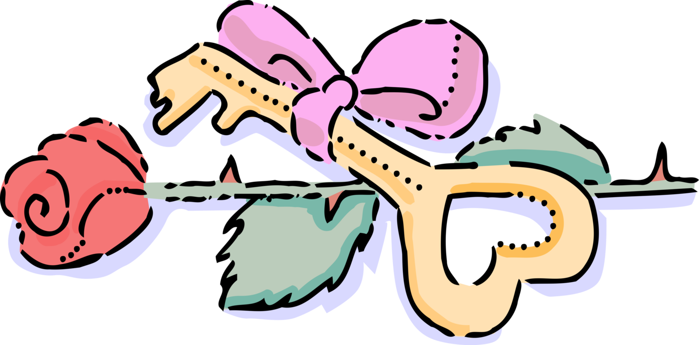 Vector Illustration of Romance Relationship Key to Her Heart with Ribbon Bow and Rose Flower