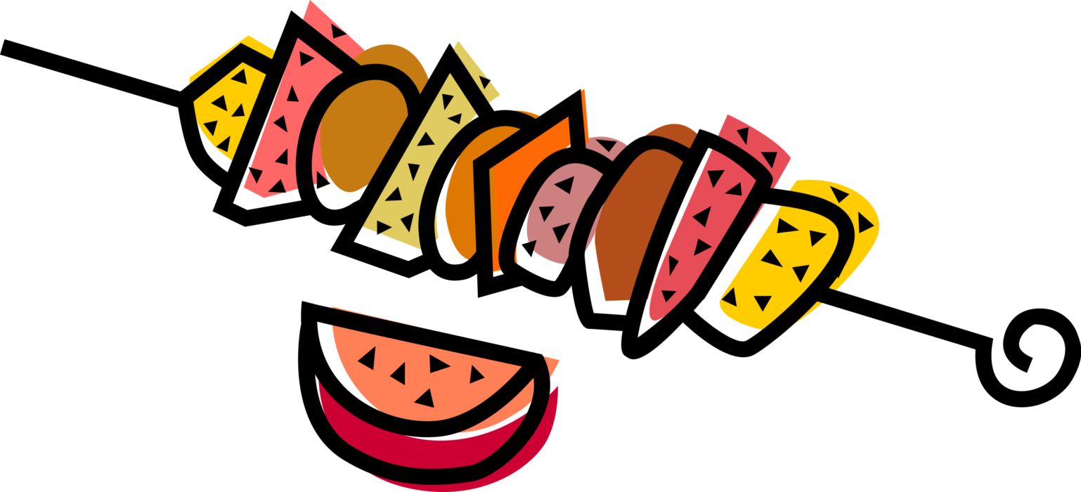 Vector Illustration of Shish Kebab Skewer with Small Pieces of Meat or Seafood with Vegetables