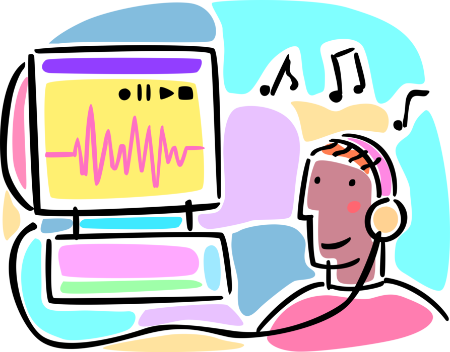 Vector Illustration of Internet Online On-Demand Streaming Music Services Delivered to Desktop Computer Audiophile