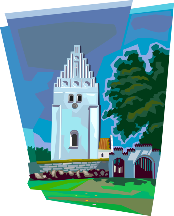 Vector Illustration of Elmelunde Church, Denmark Famous for Frescos or Kalkmalerier