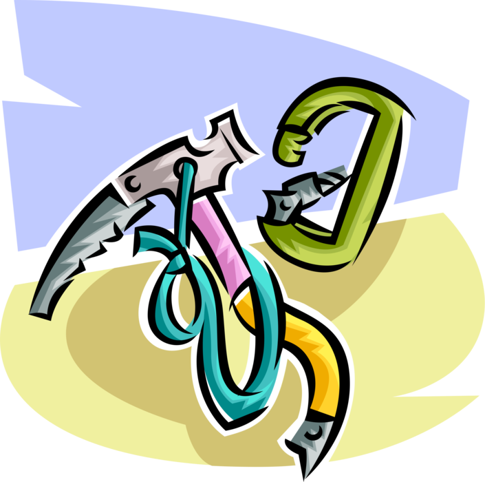 Vector Illustration of Mountaineer Rock and Mountain Climbing Climber's Ice Pick and Locking Carabiner