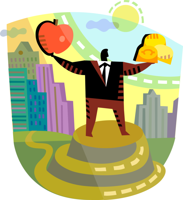 Vector Illustration of Businessman Reaches Pinnacle Apogee of Financial Success Based on Knowledge and Experience Apple