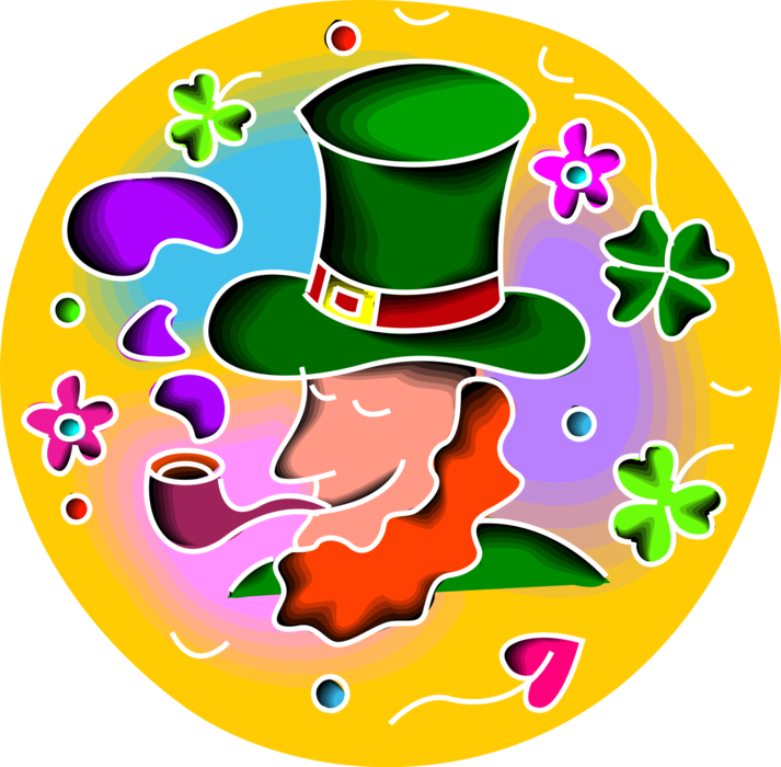 Vector Illustration of St Patrick's Day Irish Leprechaun Smokes Pipe
