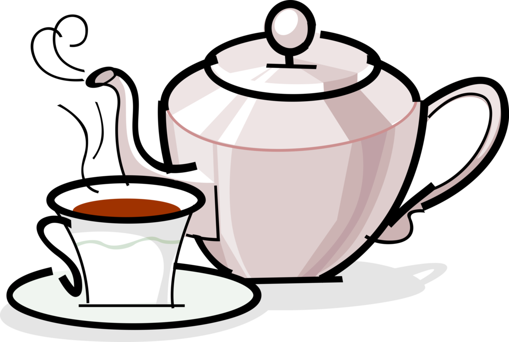 Vector Illustration of Teapot with Spout and Handle Serves Freshly Steeped Tea Leaves with Teacup