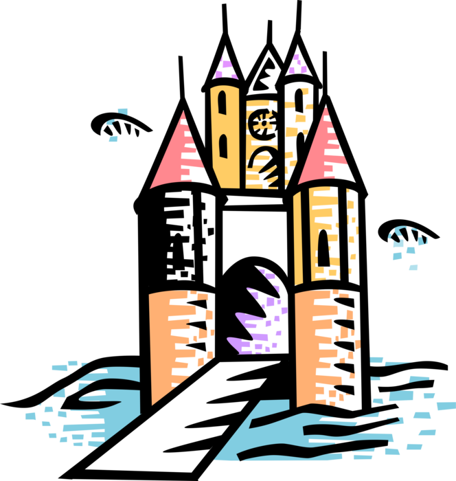 Vector Illustration of Medieval Fortified European Castle Structure from Middle Ages with Drawbridge Bridge