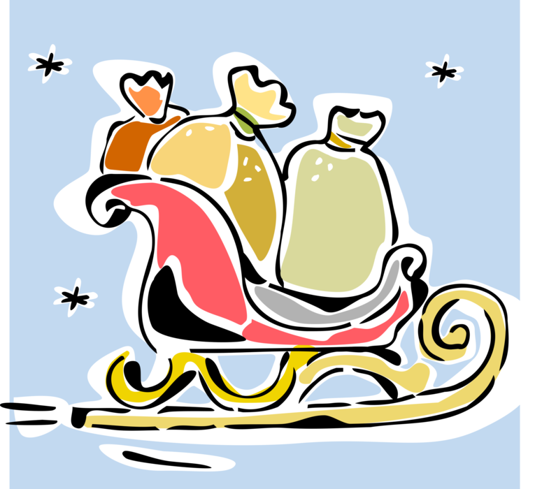 Vector Illustration of Santa's Christmas Sleigh Sled with Gifts and Presents in Sacks