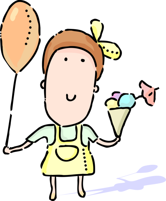 Vector Illustration of Young Child with Party Balloon and Ice Cream Cone Food Snack or Dessert