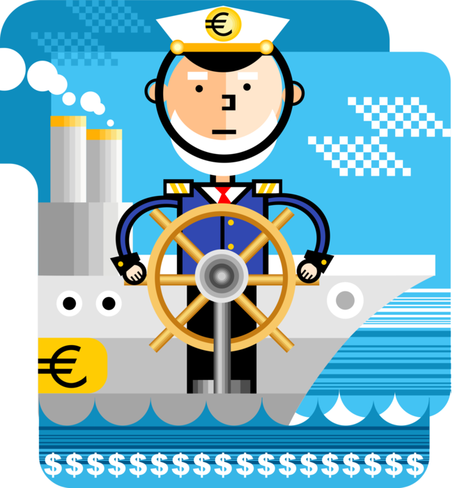 Vector Illustration of Maritime Marine Captain Navigates at Ship's Helm Wheel Setting Steady Course Through Financial Waters 