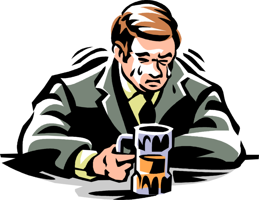 Vector Illustration of Dejected Crestfallen Businessman Cries in Beer Fermented Malt Barley Alcohol Beverage