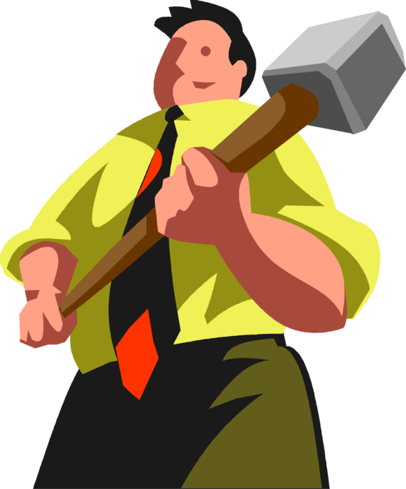 Vector Illustration of Strongman Businessman with Sledgehammer Hand Tool used to Drive Nails