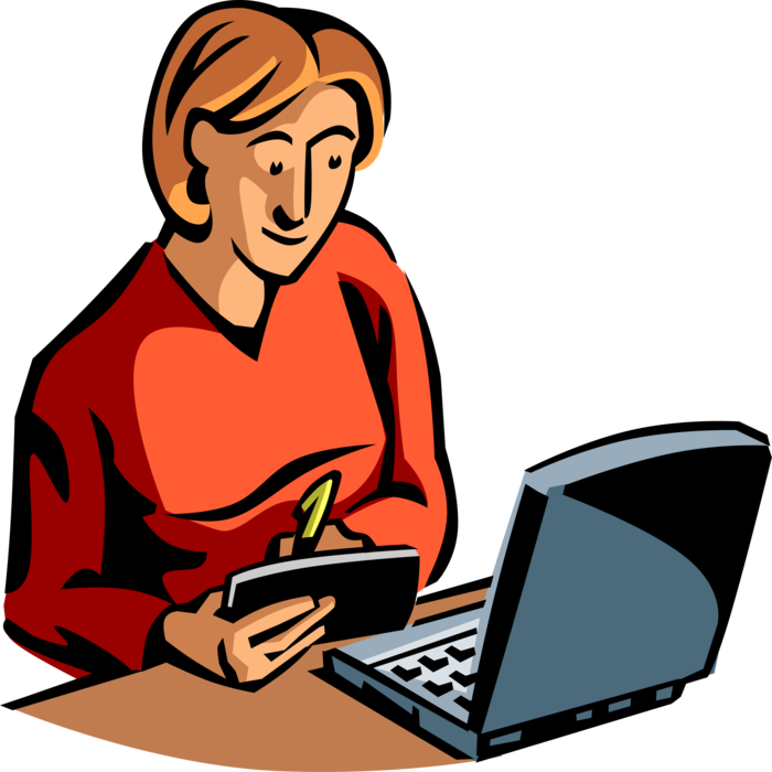 Vector Illustration of Woman Works on Notebook Computer Checks Bank Account Balance and Writes Personal Check