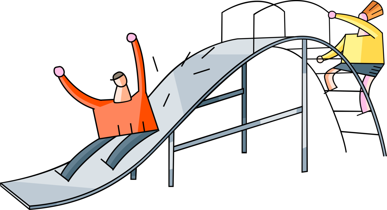 Vector Illustration of Children Play on Slide in Park Playground 