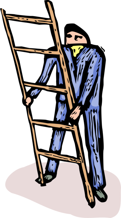 Vector Illustration of Construction Worker Climbs Step Ladder on Job Site
