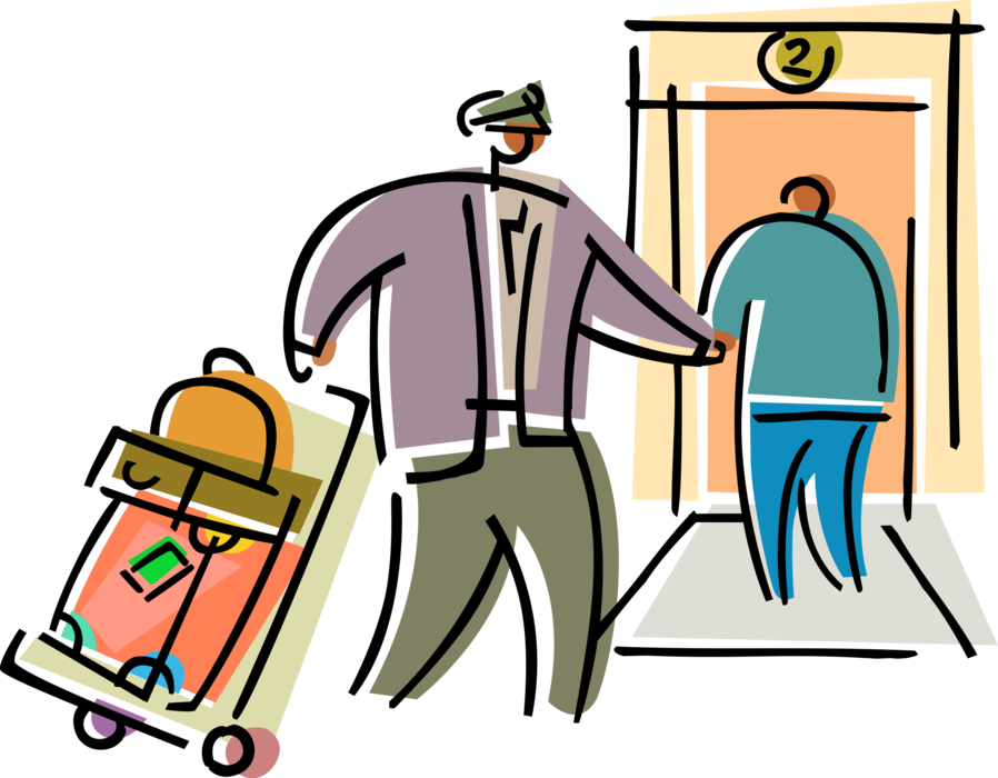 Vector Illustration of Resort Hotel Bellboy Bellhop or Bell Captain Carries Guest Luggage Suitcases to Room