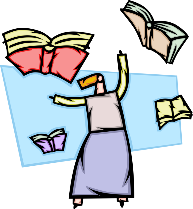 Vector Illustration of Well Read Knowledgeable Woman with Flying Book Scholarly Symbols of Enlightenment