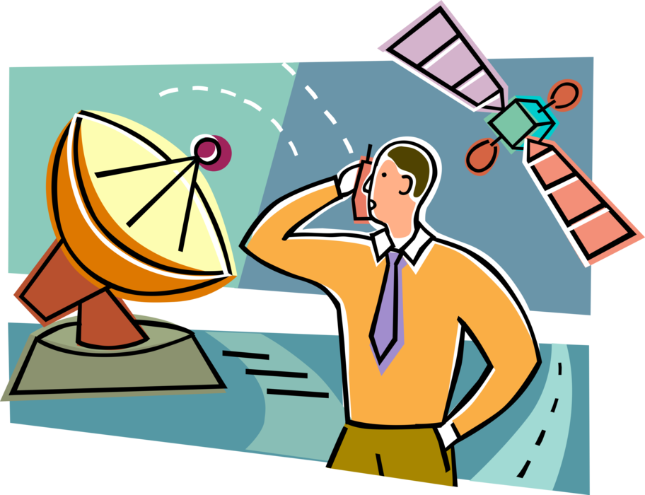 Vector Illustration of Businessman Exploits Telecommunications Technology with Mobile Phone, Parabolic Dish and Communication Satellite