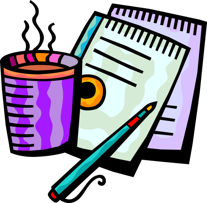 Vector Illustration of Cup of Coffee with Notepad Documents and Pen Writing Instrument