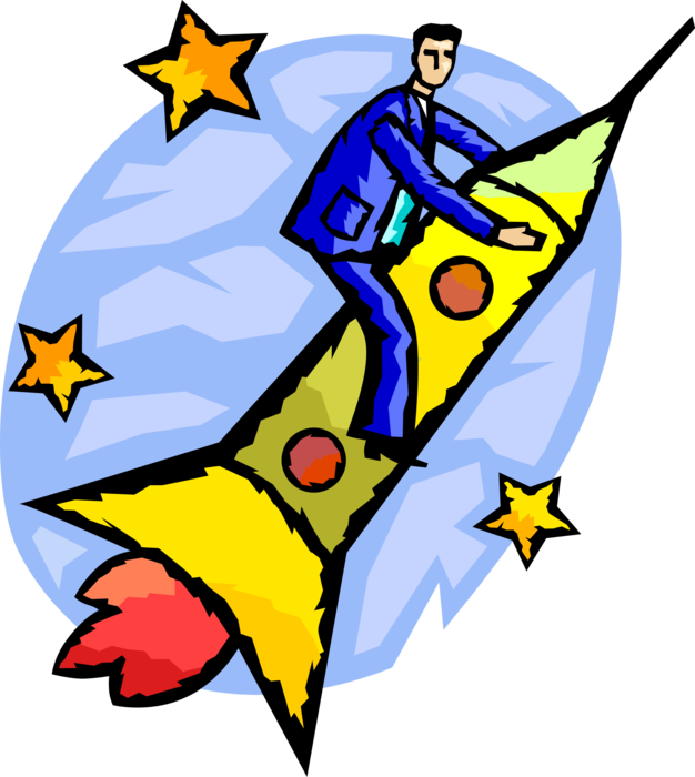 Vector Illustration of Businessman Soars to New Heights on Rocketship Spaceship Blasting Off into Space