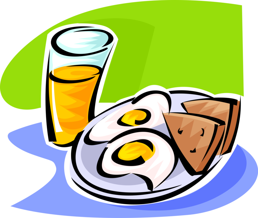 Vector Illustration of Breakfast Fried Eggs, Toast and Glass of Orange Juice