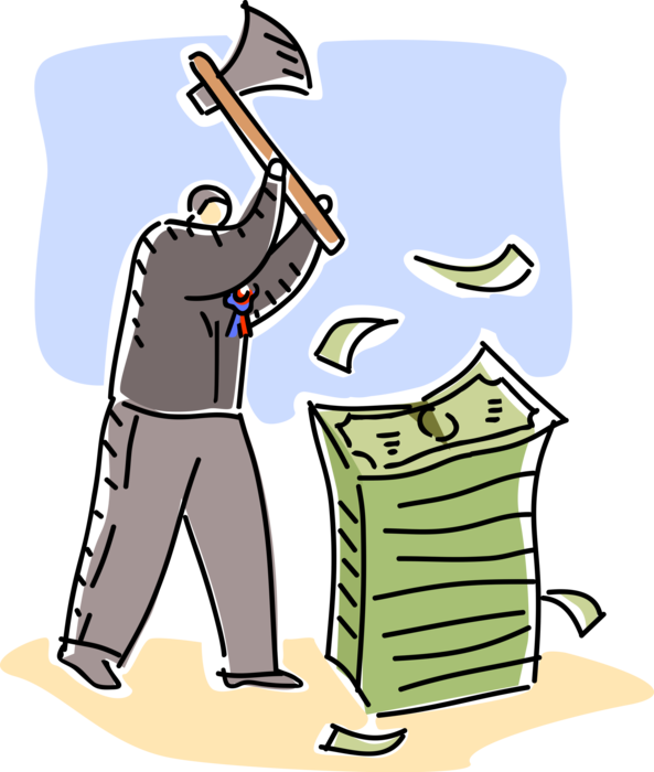 Vector Illustration of Businessman with Axe Cuts Stack of Cash Money Dollars to Distribute Earnings