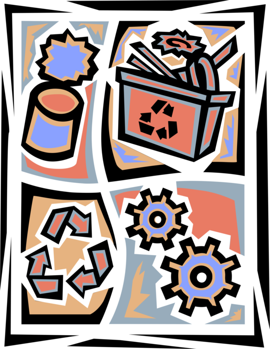 Vector Illustration of Recycling Industry with Cogwheel Gear Mechanism, Aluminum Can, and Recycle Box
