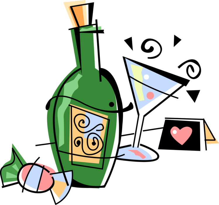 Vector Illustration of Alcohol Beverage Champagne Bottle with Candy and Champagne Glass and Greeting Card