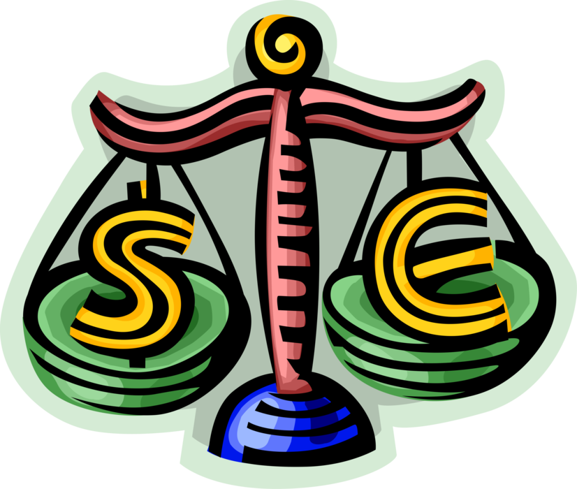 Vector Illustration of Cash Money Dollar and Euro Currency Symbols Weighed on Weight Scales