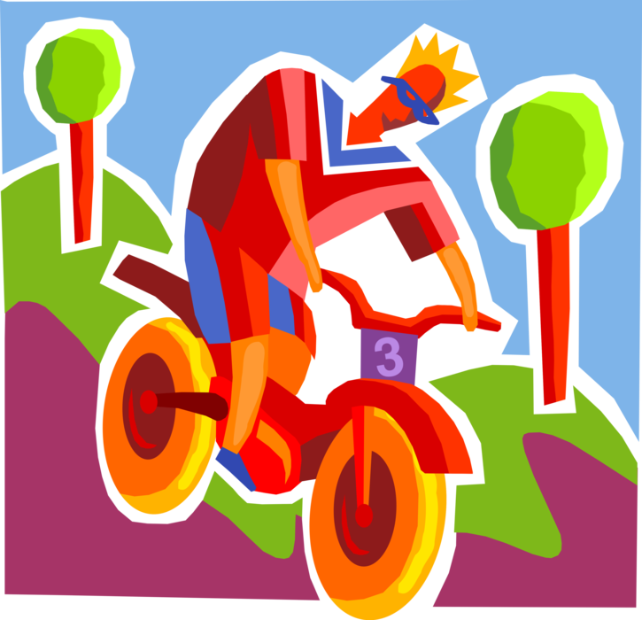Vector Illustration of Mountain Biker Cyclist Riding Bicycle Navigates Steep Mountain Terrain