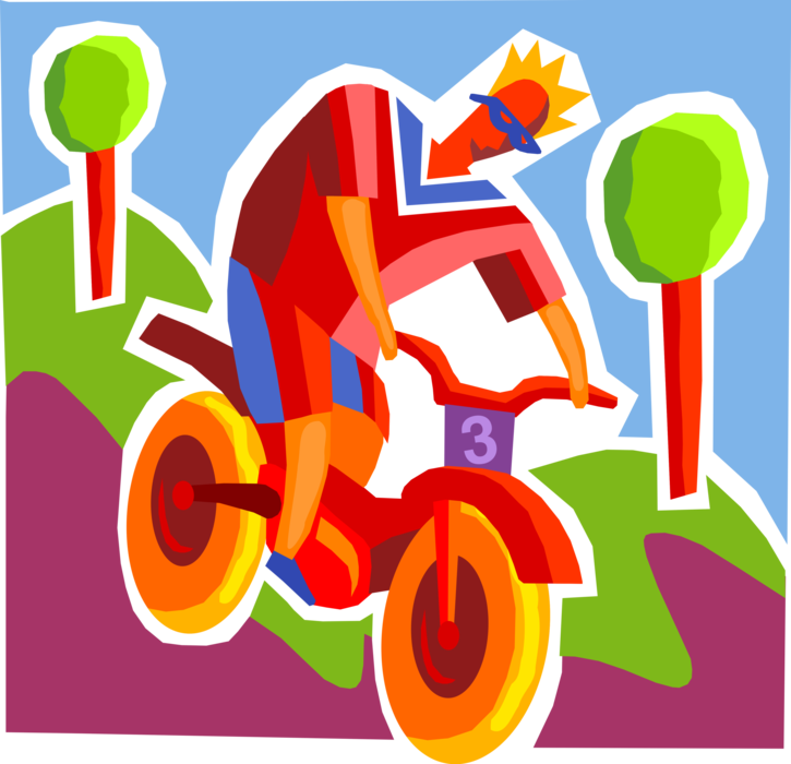 Vector Illustration of Mountain Biker Cyclist Riding Bicycle Navigates Steep Mountain Terrain