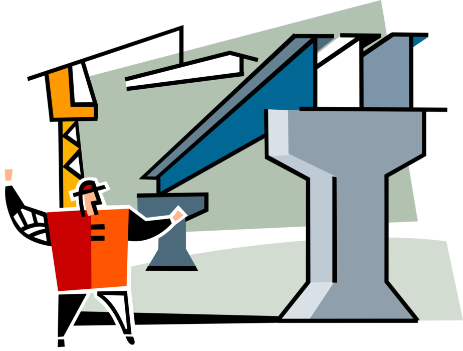 Vector Illustration of Bridge Construction Site Steelworker Manages Crane Lifting Rolled Steel Joist I-Beams 