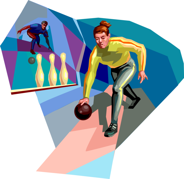 Vector Illustration of Bowler Bowls Bowling Ball to Strike Pins in Bowling Alley