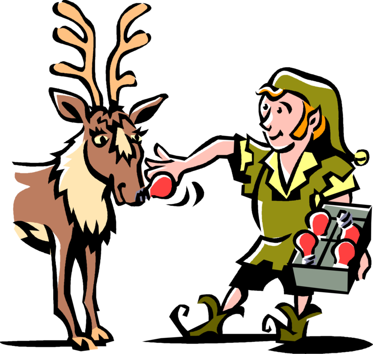 Vector Illustration of Santa Claus Workshop Elf Puts Red Light on Rudolph's Red Nose