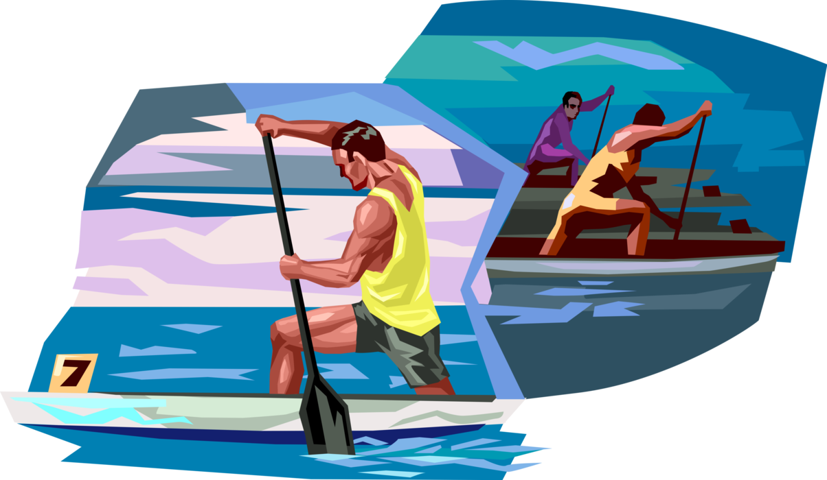 Vector Illustration of Canoeist Rowers Race in Rowing Competition on Water in Canoes