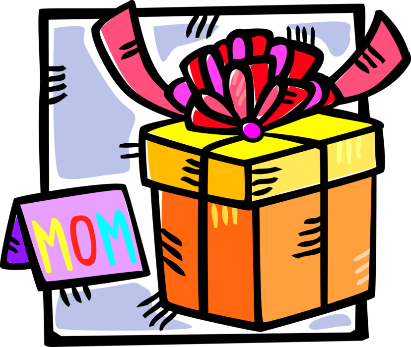 Vector Illustration of Mother's Day Gift Wrapped Present with Greeting Card and Ribbon Bow