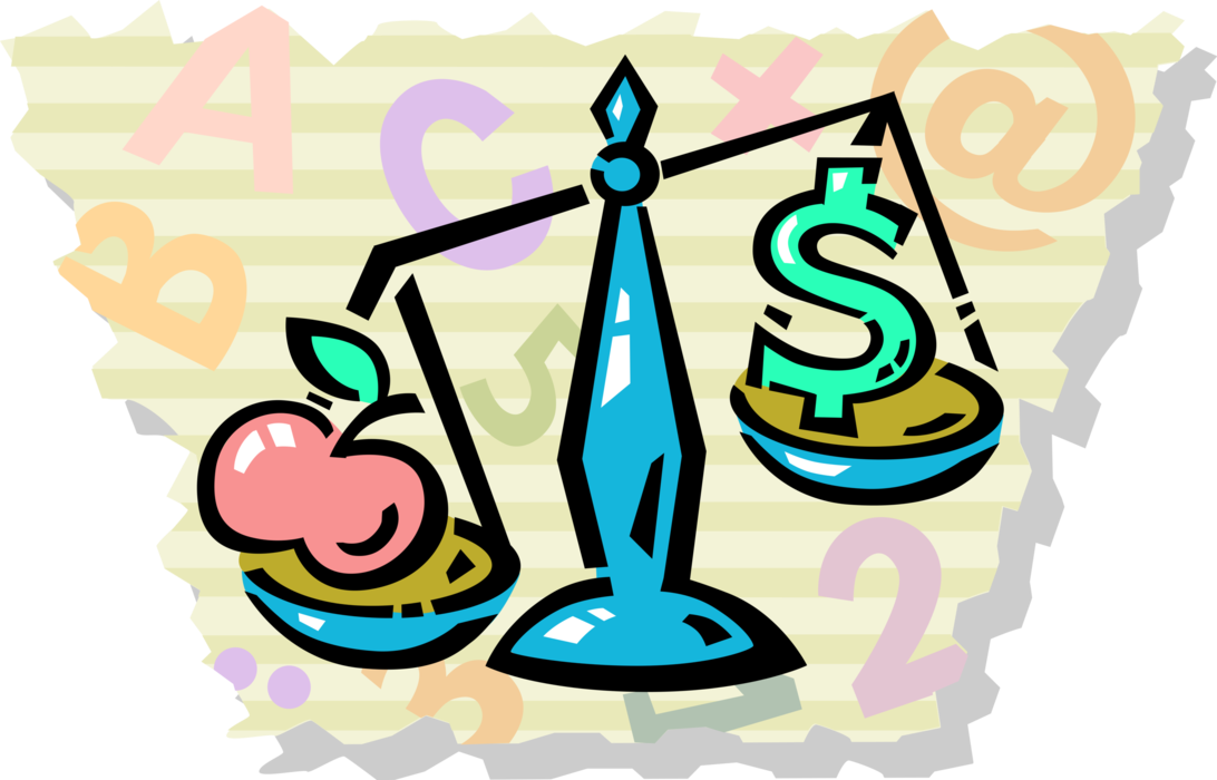 Vector Illustration of High Cost of Education Scale with Apple Symbol of Knowledge and Learning with Cash Money Dollar Sign