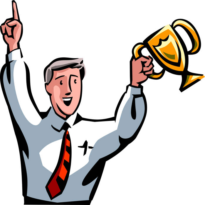 Vector Illustration of Number One Businessman Raises Winner's Trophy to Celebrate Victory