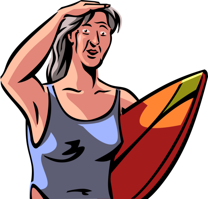 Vector Illustration of Retired Elderly Senior Citizen Surfer Looks for Big Wave to Surf While Surfing with Surfboard