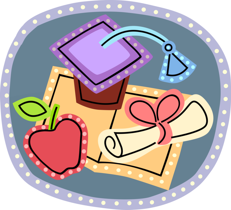 Vector Illustration of School Graduation Diploma Degree and Mortarboard Cap with Apple Symbol of Knowledge and Learning