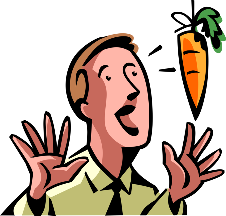 Vector Illustration of Gullible Businessman Led by Garden Vegetable Carrot Dangling on String