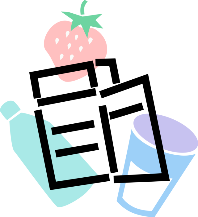 Vector Illustration of Refrigerator Fridge Household Appliance, Garden Strawberry Edible Fruit, Cup, Bottle