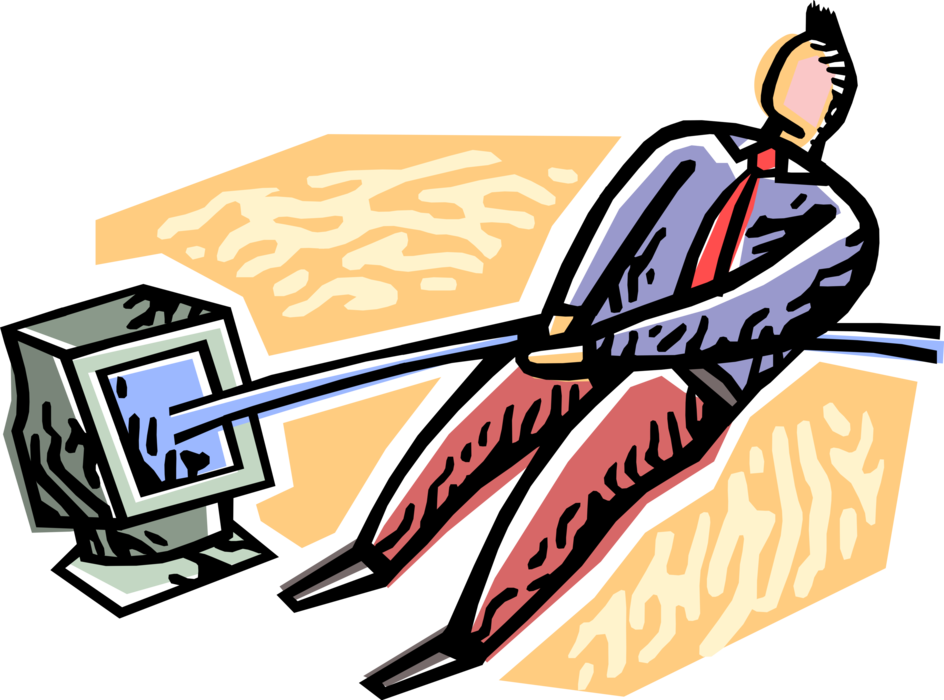 Vector Illustration of Businessman Shuns Technology Innovation in Unbalanced Tug of War Tug-of-War with Rope and Computer