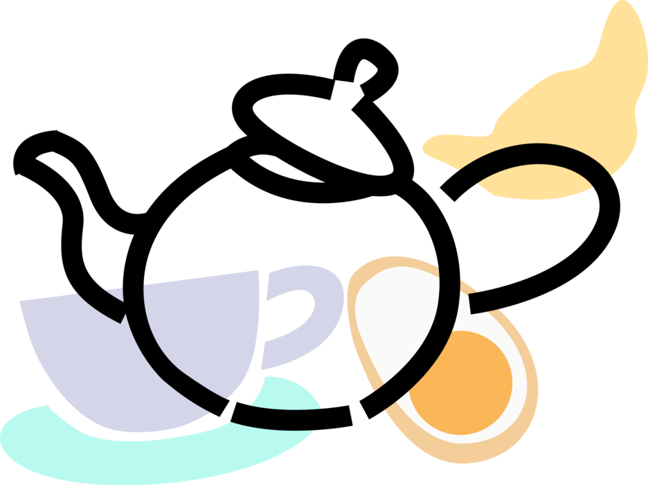 Vector Illustration of Teapot with Teacup, Breakfast Pastry Croissant, and Egg