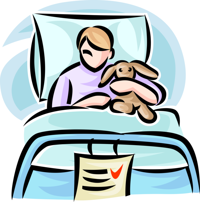 Vector Illustration of Young Hospital Patient in Bed with Stuffed Animal Teddy Bear