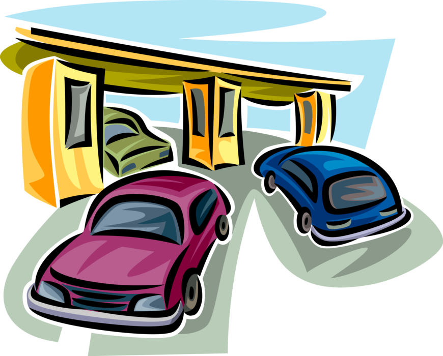 Vector Illustration of Public Highway Turnpike or Tollway Toll Booth Collects Fees for Passage