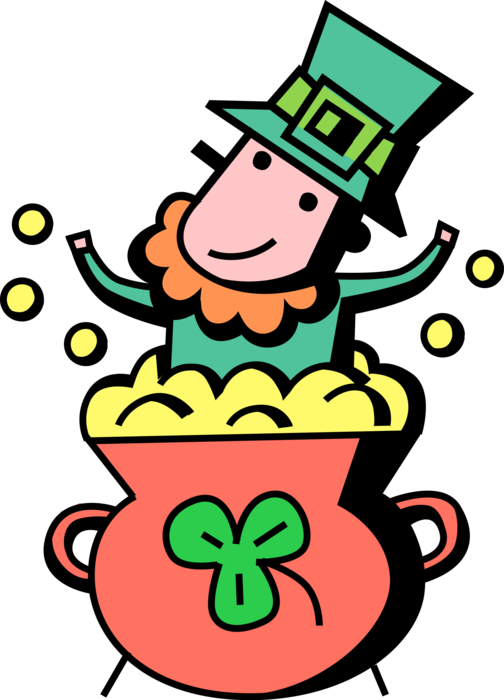 Vector Illustration of St Patrick's Day Irish Leprechaun Fairy in Irish Folklore Celebrates with Pot of Gold